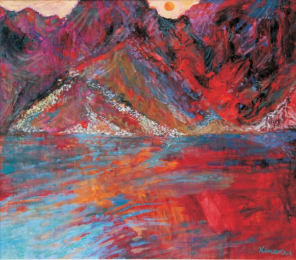 Jan Szancenbach "Morskie Oko - zachód słońca, 1997" (olej, płótno; 75 x 85 cm)