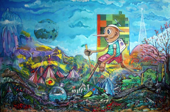 Saul,pinokio w podróży,180x120 cm,technika mieszana na płótnie,2014