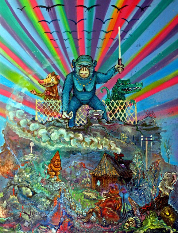 saul,małpa rządzi ,100x70cm olej,sprej,akryl,2014